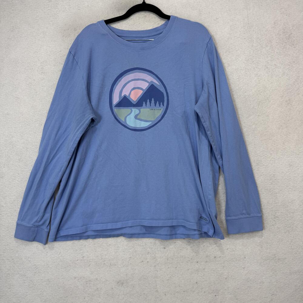 Life Is Good T-Shirt Womens XXL Blue Crusher Long Sleeve Mountain Graphic Top